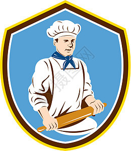 面包厨师 滚皮盾牌雷特罗擀面杖插图男人滚筒艺术品别针工人男性波峰食品图片