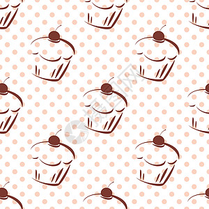 带有樱桃蛋糕和白底粉粉红圆点的薄质矢量模式博客桌面涂鸦甜点墙纸织物生日插图淋浴食物图片