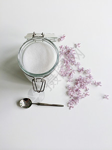 白糖玻璃罐玻璃采摘勺子花瓣葡萄糖花冠紫色紫丁香香味淡紫色图片