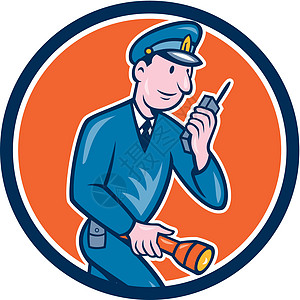 警用火炬无线电台圆形刻贴画执法艺术品插图安全警卫警官收音机卡通片讲话男性图片