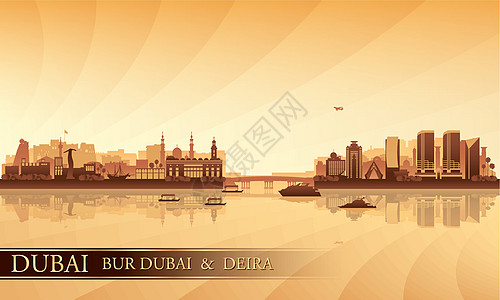 Dubai Deira和Bur 迪拜天际环形背面海报支撑海滩游艇城市景观地标村庄反射日落图片
