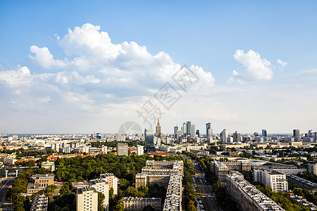 华沙空中观察蓝色城市生活大街市中心建筑物办公楼天空树木风光中心图片