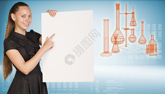拥有空纸页的女商务人士 实验室火瓶作为背景材料图片