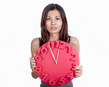 亚裔妇女时钟商务紧张白色警报女士小时时间商业工作压力图片