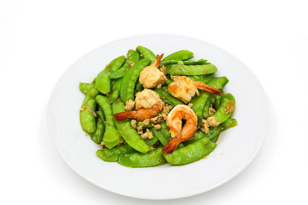 盘子里有虾子的烤豆白色绿色蔬菜烹饪食物午餐美食图片
