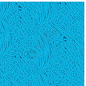 无缝波手绘图案 海浪背景 可用于壁纸卷曲纺织品风暴漩涡风格波纹涂鸦蓝色织物面条图片