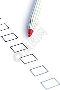 特写空白复选框投票文书红色写作教育调查问卷盒子铅笔白色按钮图片