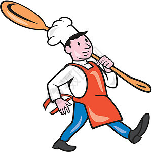 烹饪厨师外出勺子卡通男人帽子男性卡通片插图艺术品肩膀工人食品背景图片