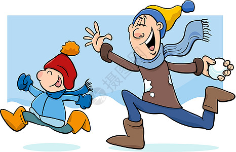 冬季卡通片上的爸爸和儿子男生乐趣快乐雪球绘画公园童年围巾父亲孩子们图片