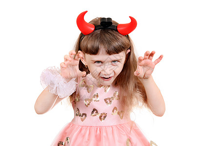 带着恶魔角的小女孩戏服情感喜悦女性手势展示孩子棕榈娘娘腔手指图片