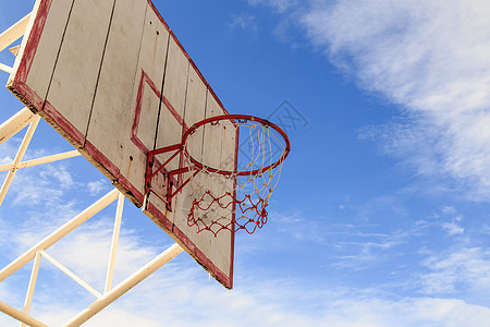 蓝天背景的笼子篮球圈天空木板篮板游戏主题体育打篮球娱乐运动蓝色图片