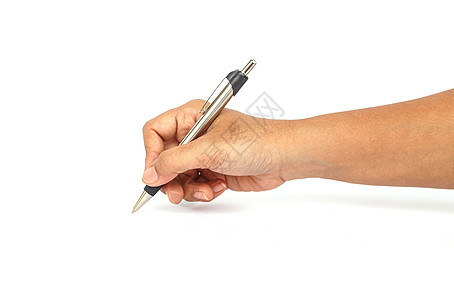白色背景上孤立的手持笔文档草图办公室铅笔教育红色合同绘画笔记推介会背景图片