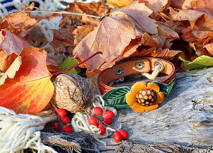 民族手工制作的皮革手镯宝石魅力棕色陶瓷树叶首饰装饰品叶子女性珠子图片