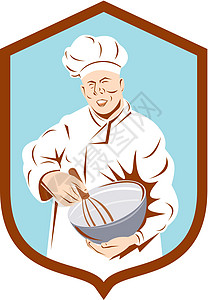 面包厨师保龄球盾牌 Retro插图混合器艺术品工人男性波峰帽子食品食物男人图片