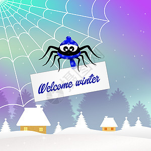 圣诞节蜘蛛卡通片帽子白色动物蛛网树木庆典围巾插图季节背景图片