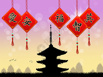 中文祈祷插图宗教护身符日落祷告建筑纪念碑红色文字表意图片