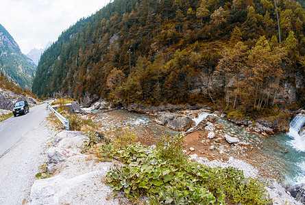 具有河流和植被的阿尔卑山景观旅行岩石石头溪流瀑布蓝色绿色流动森林公园图片