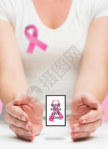 妇女提出乳腺癌意识信息海报机构粉色希望丝带女性信仰双手健康居住背景图片