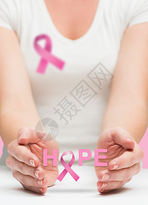 妇女提出乳腺癌意识信息健康机构丝带粉色女性双手背景图片