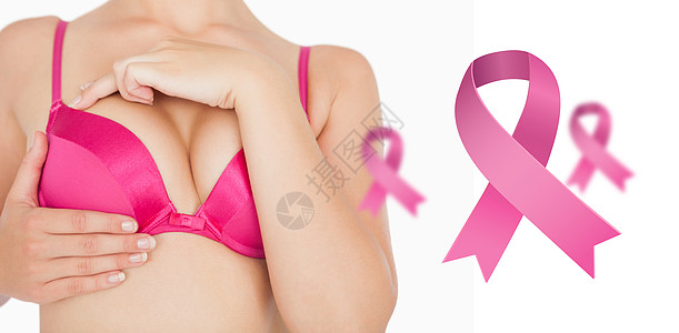进行自我乳房检查的妇女的闭合综合图像图象福祉安全丝带胸罩内衣粉色女士胸部双手女性图片