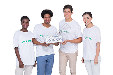 年轻微笑的青年志愿者募捐捐款福利志愿女士机构社会男性服务快乐男人女性背景图片