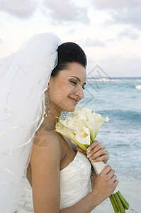加勒比海海滩婚礼夫妻婚纱面纱农奴裙子波浪婚姻天空新娘海洋图片