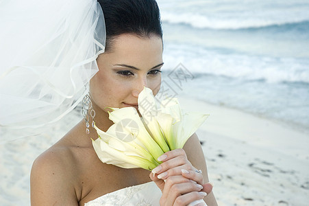 加勒比海海滩婚礼海洋波浪婚纱天空裙子夫妻新娘婚姻面纱农奴图片