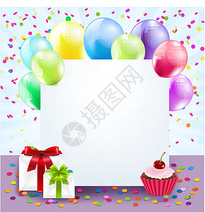 色彩多彩的生日卡墙纸木板留言板卡片纸屑生日蛋糕框架气球盒子公告图片