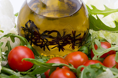 甘草 生菜 番茄和含百香的橄榄油饮食宏观草本植物火箭沙拉小吃芳香美食蔬菜农业图片