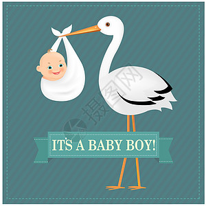 张贴海报 有婴儿男孩的Stork展示生活家庭分娩生日艺术品丝带礼物新生插图图片