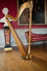 古老的竖琴 在时尚的内部闲暇奏鸣曲声学文化音乐作品城堡皇家沙龙交响乐图片