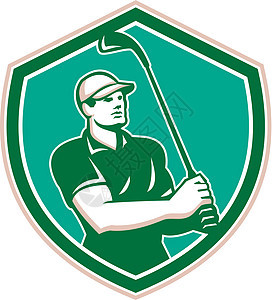 Golfer Tee 离高尔夫盾牌雷特罗运动员男人玩家波峰俱乐部男性运动插图艺术品高尔夫球图片