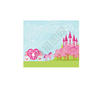 美丽的童话粉红色城堡树木卡通片云景想像力运输天空溪流绘画爬坡夹子图片