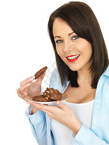 吃饼干的年轻女性女士白色黑发成人女孩食物巧克力片小吃造型甜点图片
