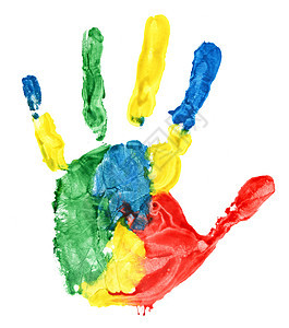 特写白上彩色手印乐趣彩虹孩子童年指纹烙印手指教育墨水痕迹图片