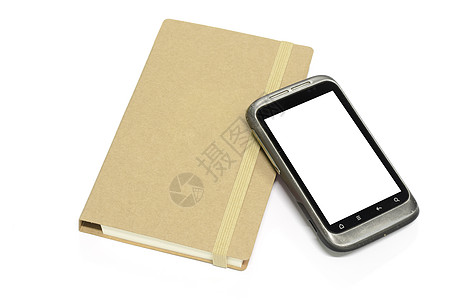 带便记本的用过的智能手机床单笔记教育白色木头电话笔记本日记商业文档图片