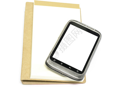 带便记本的用过的智能手机棕色笔记本杂志床单白色商业电话日记教育桌子图片