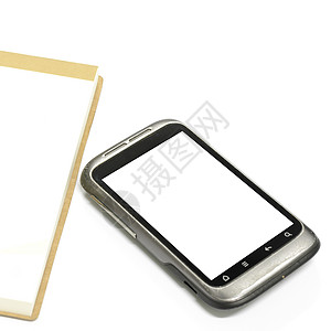带便记本的用过的智能手机笔记本文档杂志白色商业日记电话棕色笔记床单图片