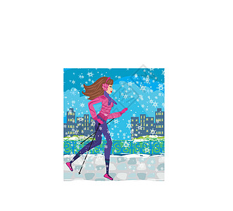 北欧步行在冬季运动的活跃妇女女性后代孩子城市闲暇娱乐女孩女士建筑物倾斜图片