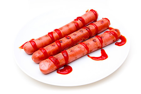 配番茄酱的香肠火腿烧烤热狗食物牛肉猪肉盘子营养炙烤烹饪图片