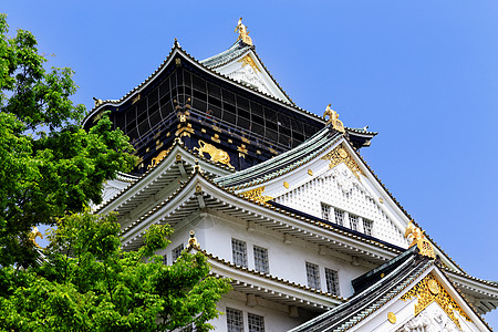 大阪城堡天空地标历史建筑学世界纪念碑文化石头观光蓝色图片