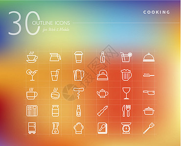 烹饪和食品大纲图标集厨房酒吧用具厨师界面杯子勺子面包插图玻璃图片