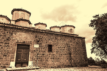 希腊旧拜占庭教堂Sepia照片图片