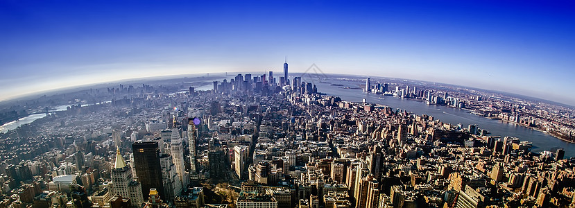 曼哈顿新纽约市日落全景办公室城市天线地标阁楼摩天大楼天际建筑图片