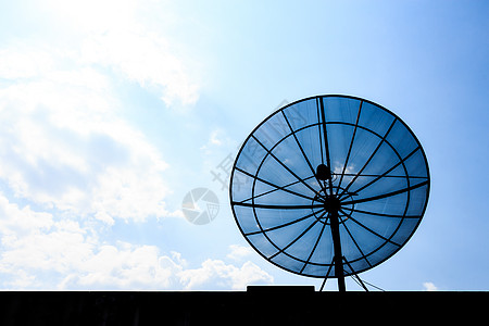 屋顶上的卫星天线天线互联网收音机日落望远镜日出旅行雷达盘子蓝色电视图片