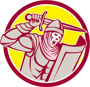 有剑和盾盾的十字军武士斗争艺术品插图圆圈盔甲头盔图片