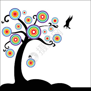 与鸟儿一起的幻想树水果互联网飞行线条电脑派对横幅蓝色墙纸卡通片图片