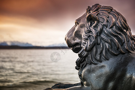 Starnberg湖的狮子雕像白色男性旅行天空反射蓝色雕塑动物艺术图片