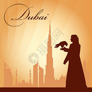 迪拜市天际环影背景地标摩天大楼全景旗帜海报城市传统景观建筑学明信片图片