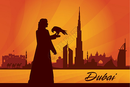 迪拜市天际环影背景地标文化酒店传统日落天空建筑学海报建筑旅行图片
